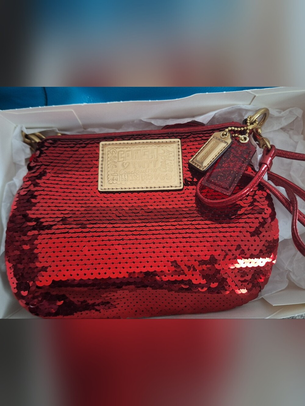 Coach Red Sequined Shoulder bag with Gold-Tone Logo  Plaque! New with tags!